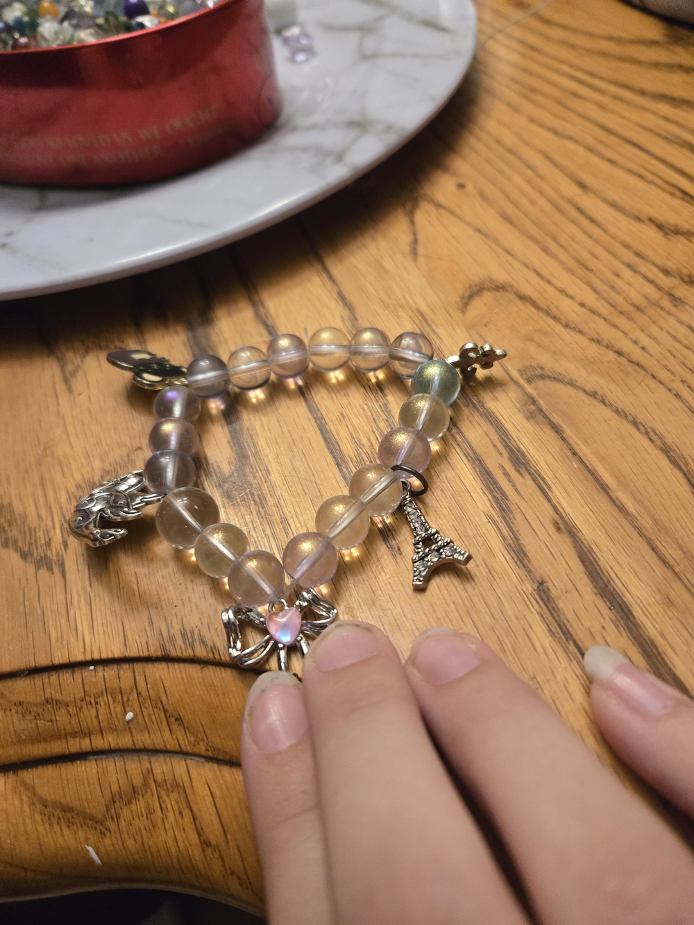 Iridescent Beaded Charm Bracelet with Eiffel Tower Charm - Women Jewelry